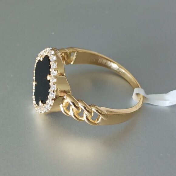 YS India 14k Gold Plated Sterling Siver 925 W CZ & Genuine Onyx Clover Ring Sz.8 - Picture 15 of 16